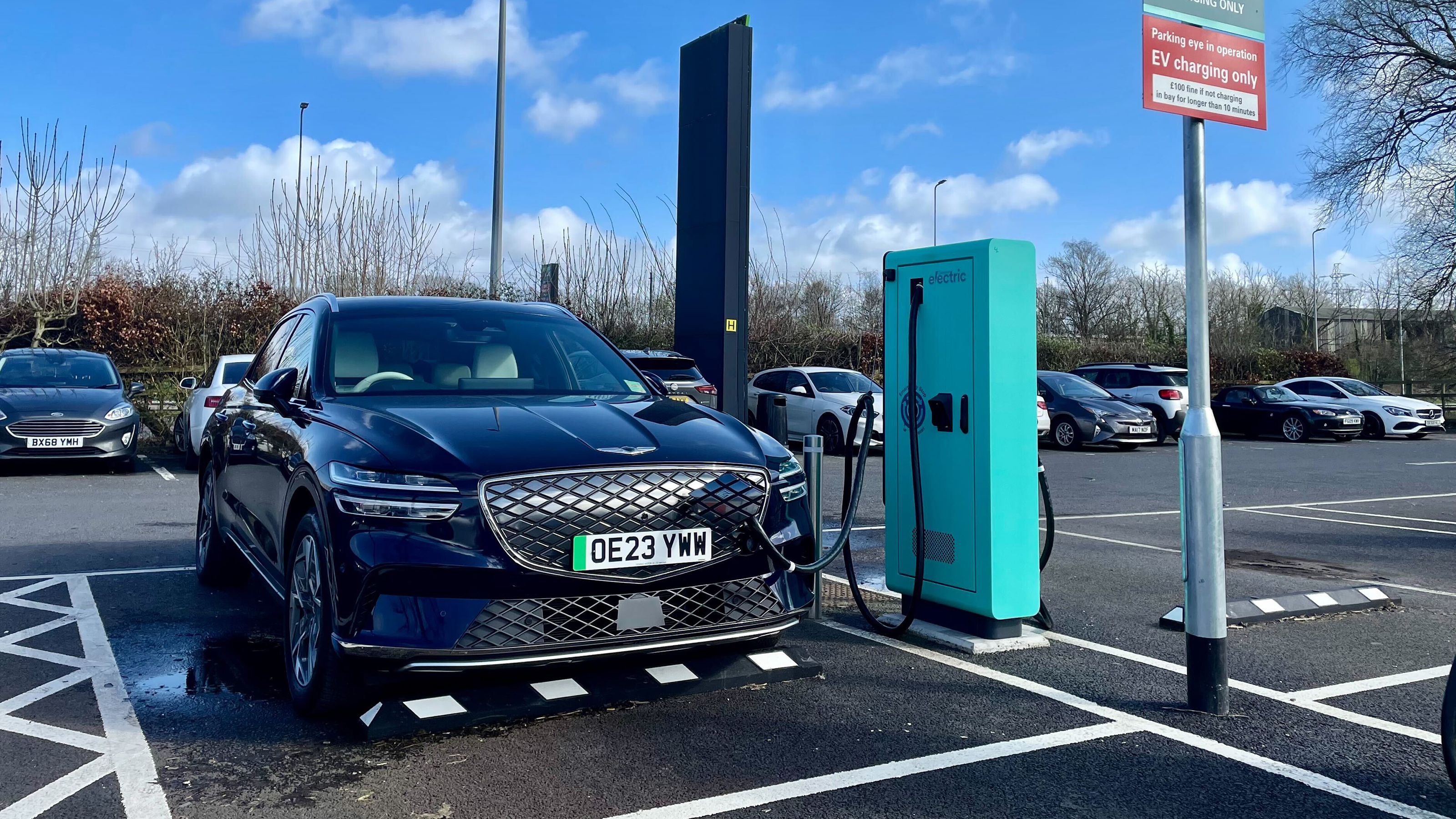 Genesis Electrified GV70 connected to charging station