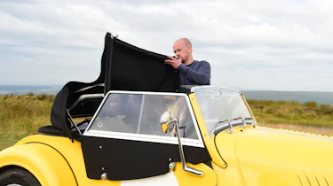 Morgan Plus Four - Auto Express chief reviewer Alex Ingram putting the roof up