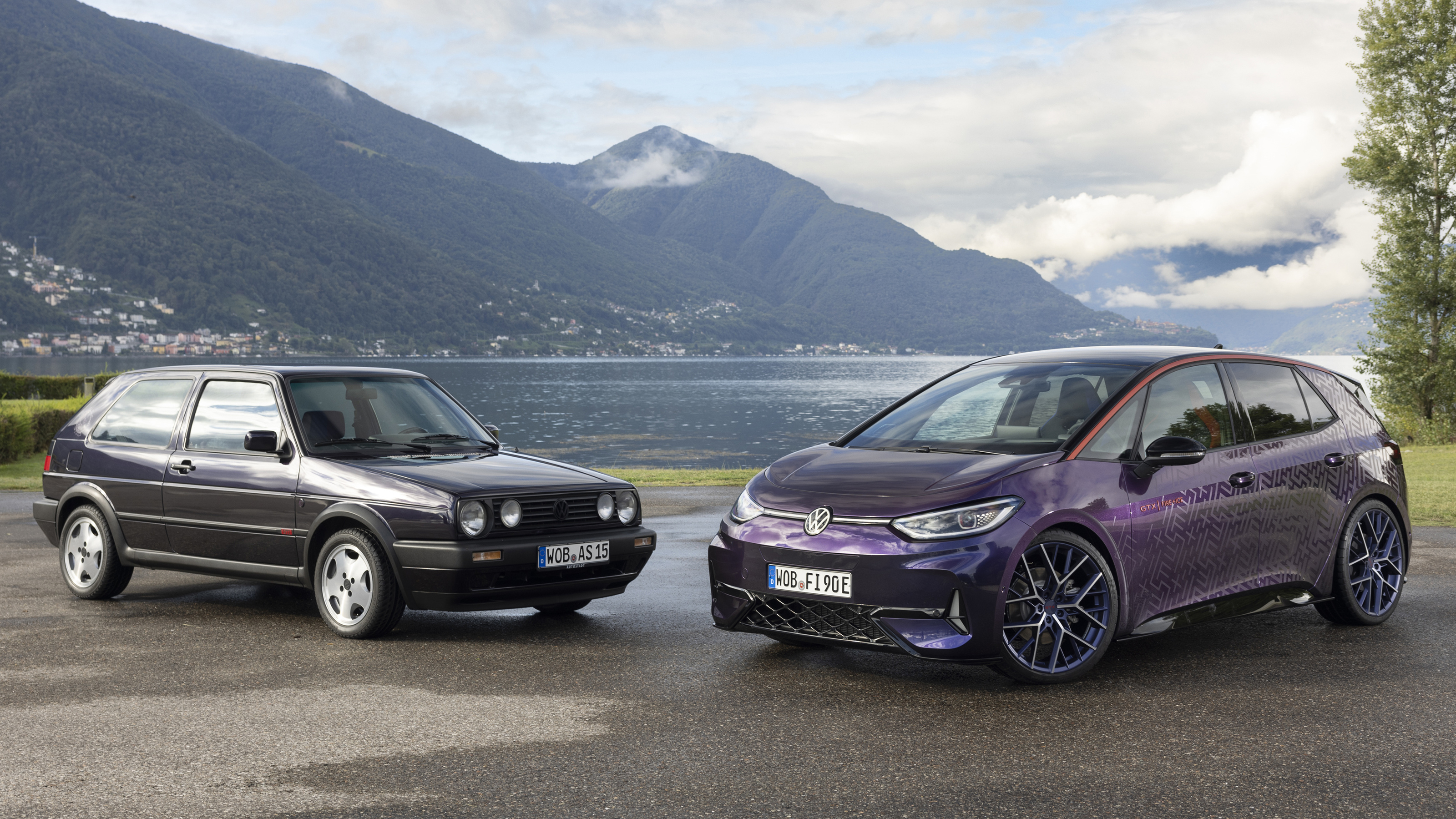 Volkswagen ID.3 GTX Fire and Ice special edition parked next to a Mk2 Volkswagen Golf Fire and Ice edition 