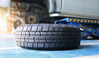 Tyre on workshop floor