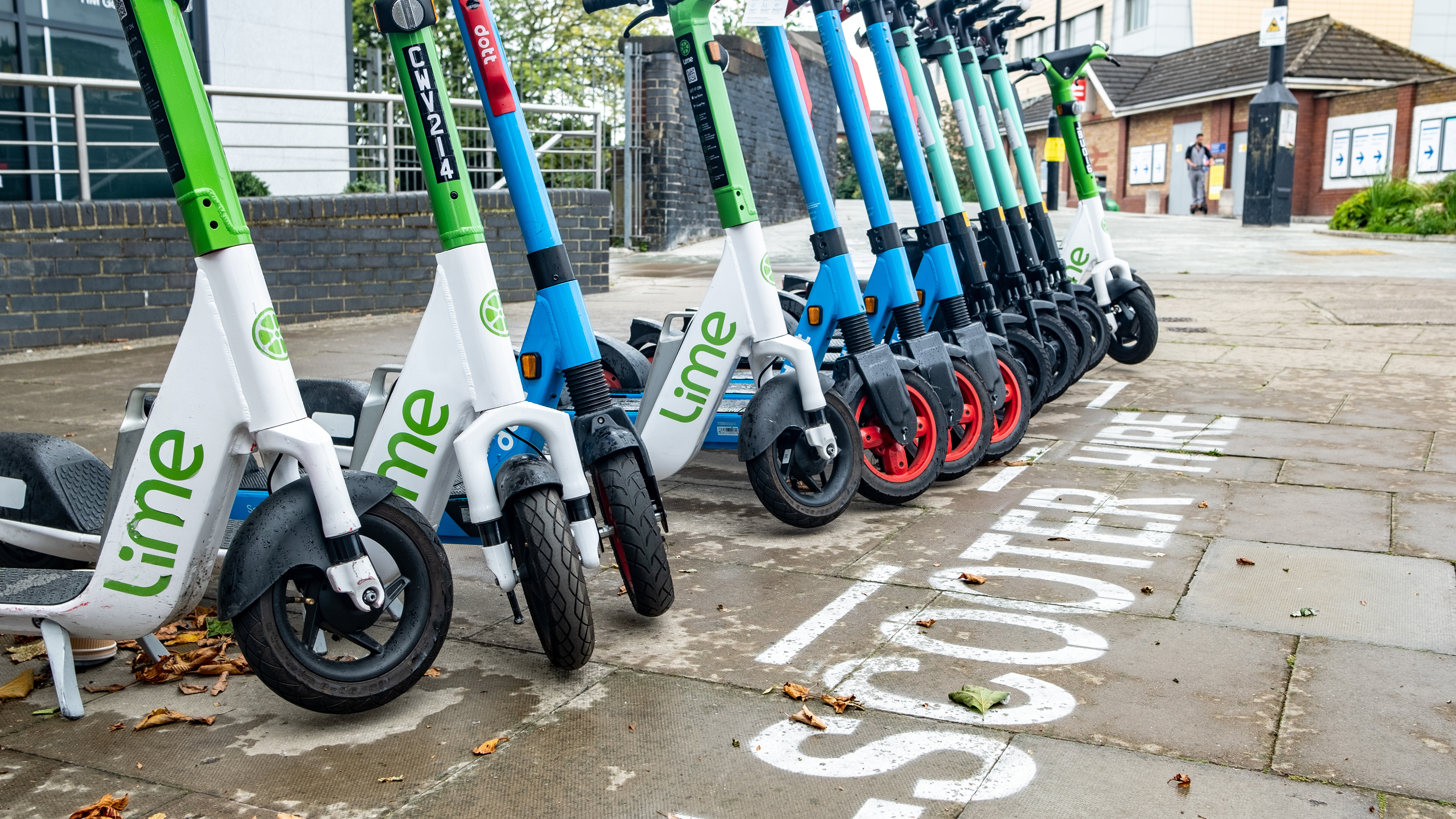 Rental e-scooters parked