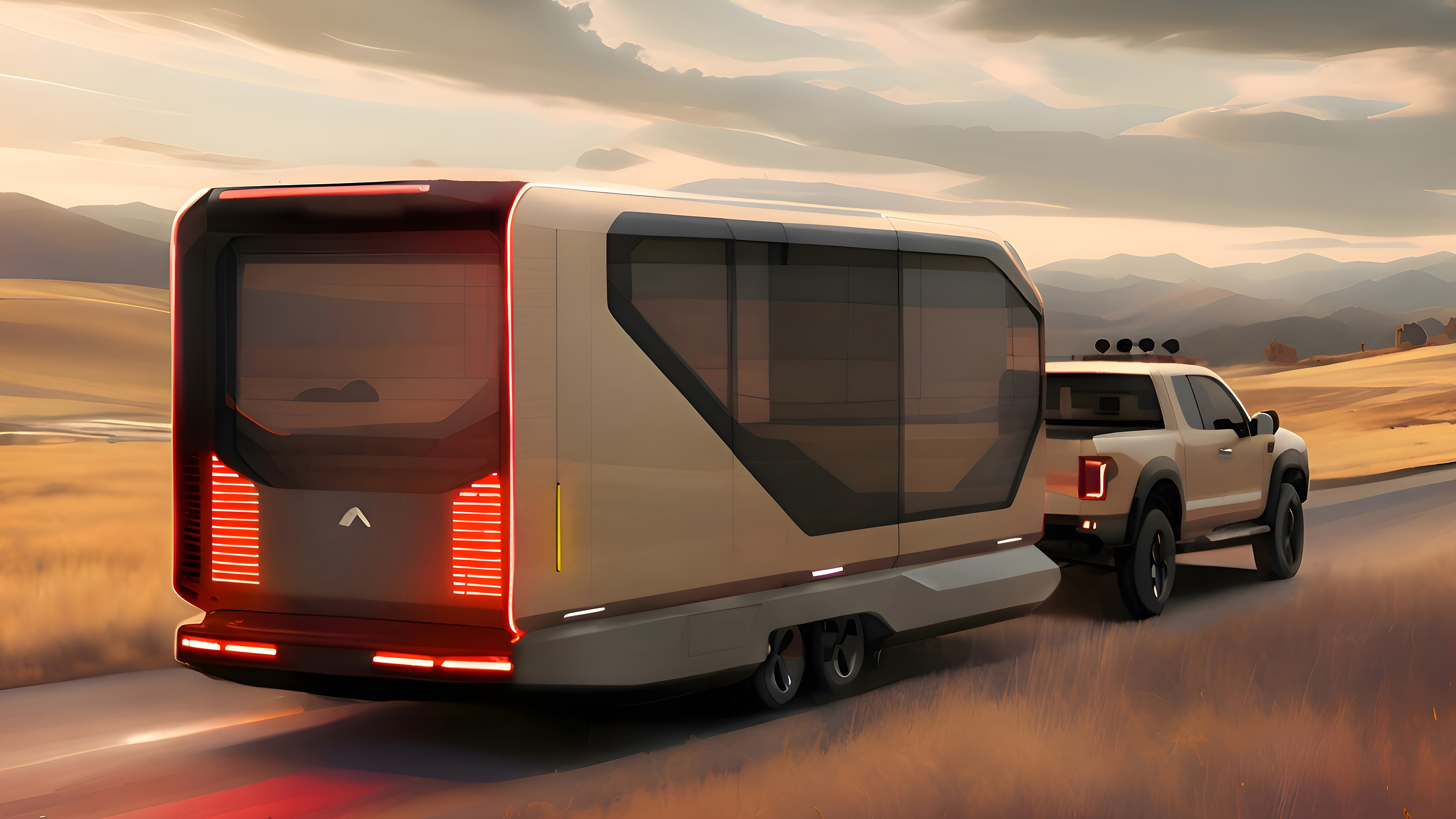 Ford pick-up towing Pininfarina AI Transformer Home Trailer 