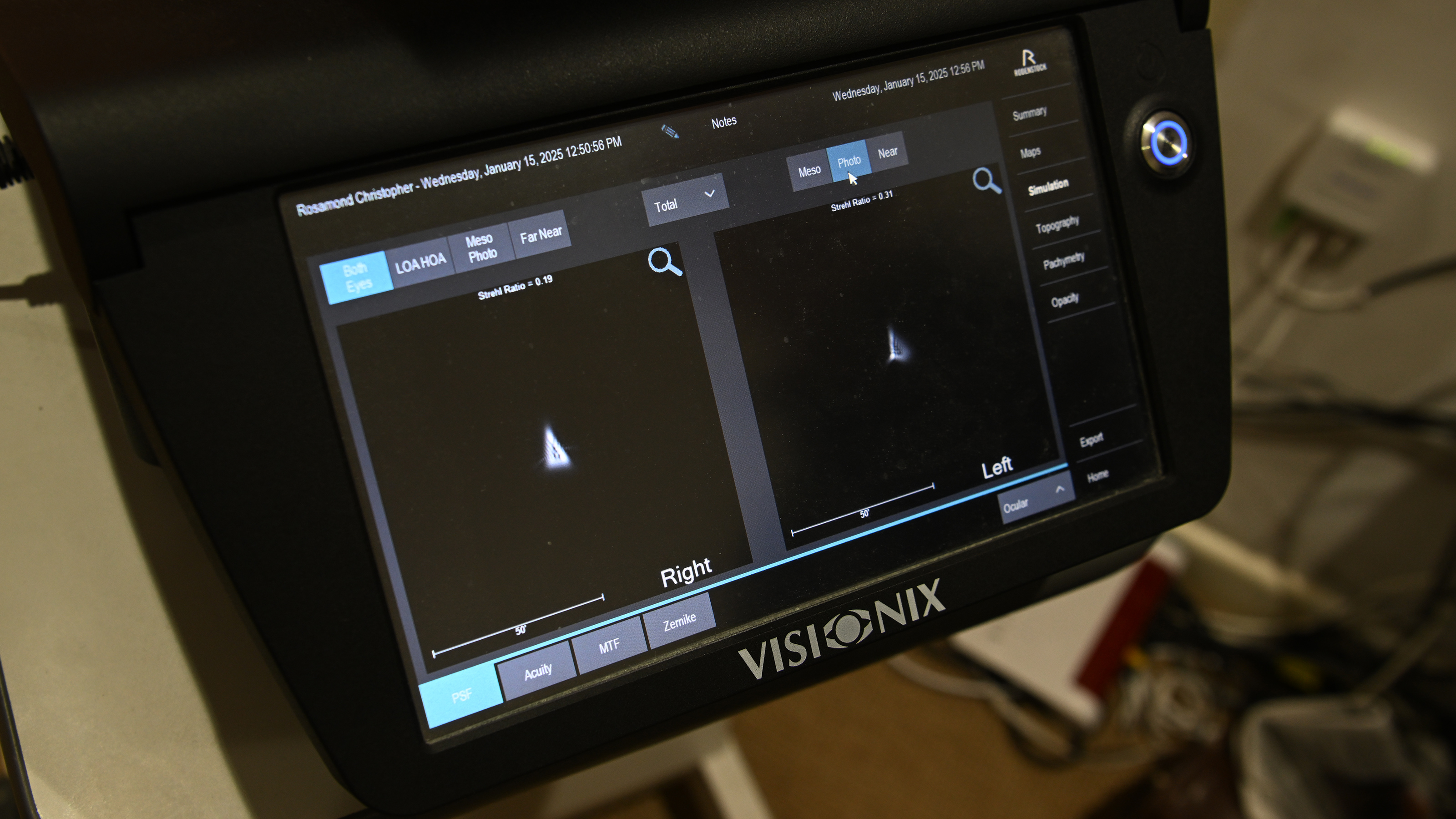 Eye test results on a screen