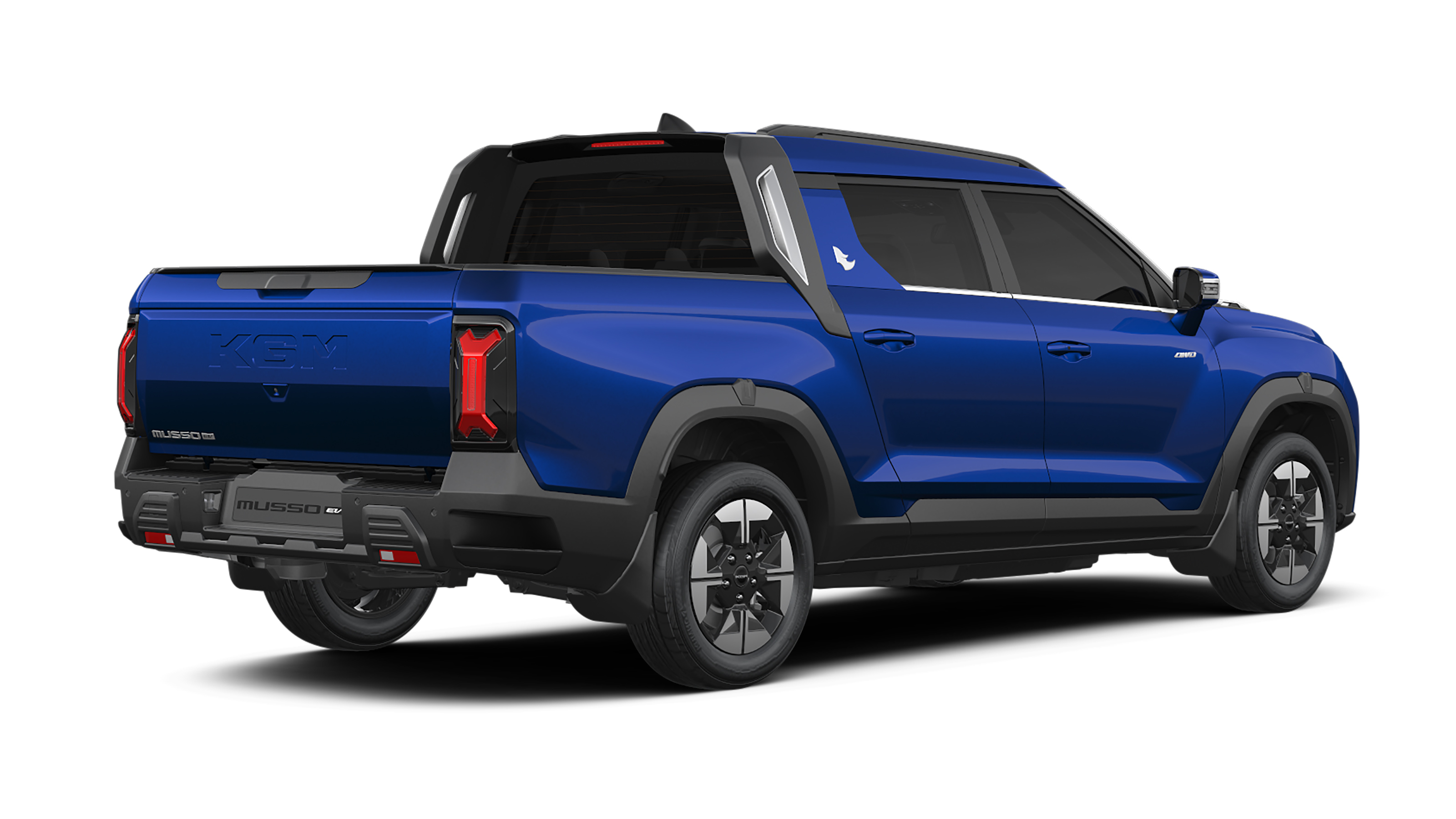 KGM Musso EV (blue) - rear 3/4 static