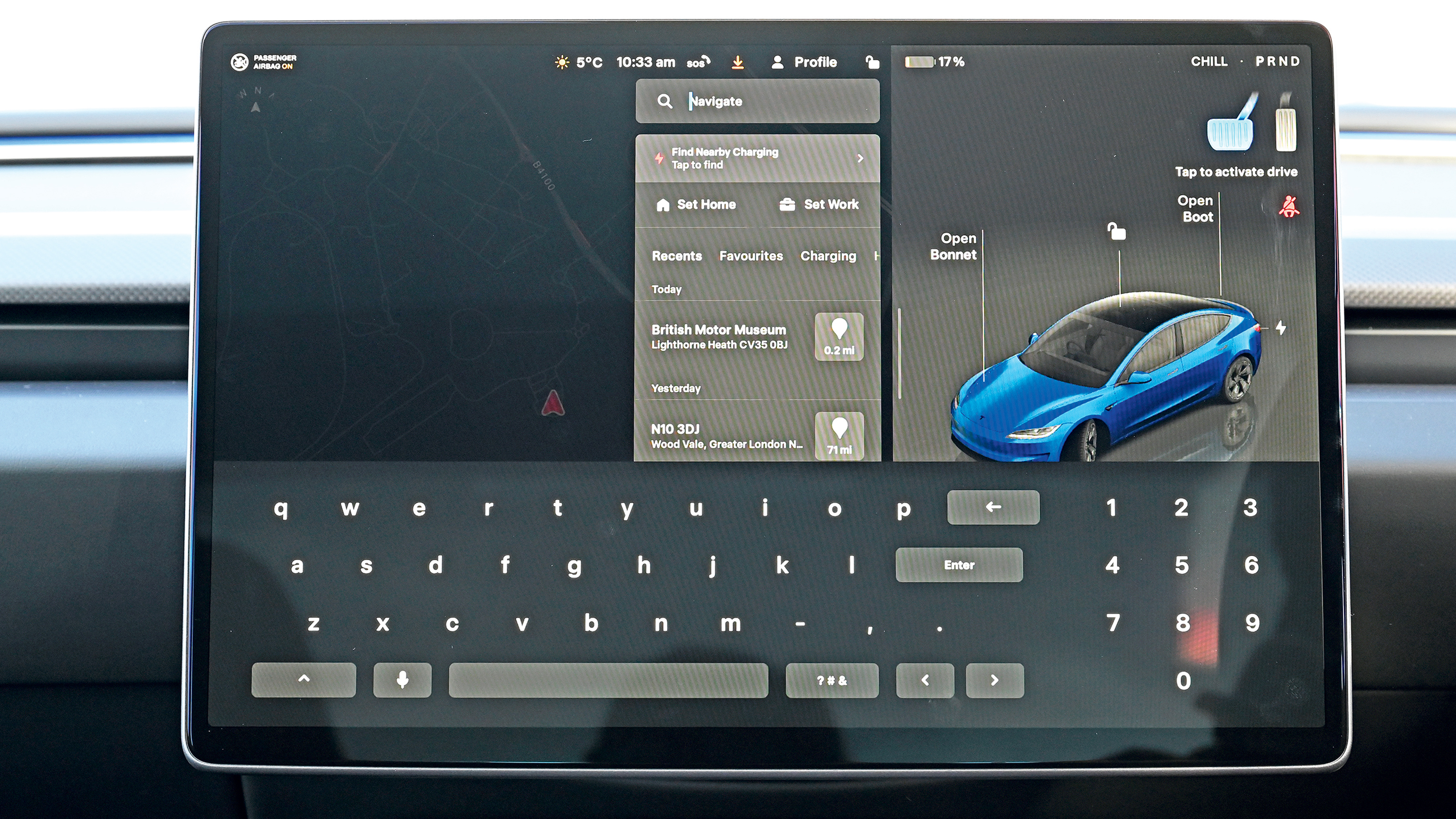 Tesla Model 3 touchscreen displaying settings