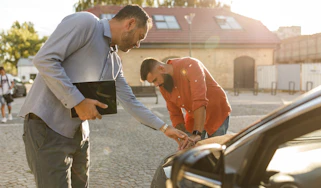 Two people inspecting a used car