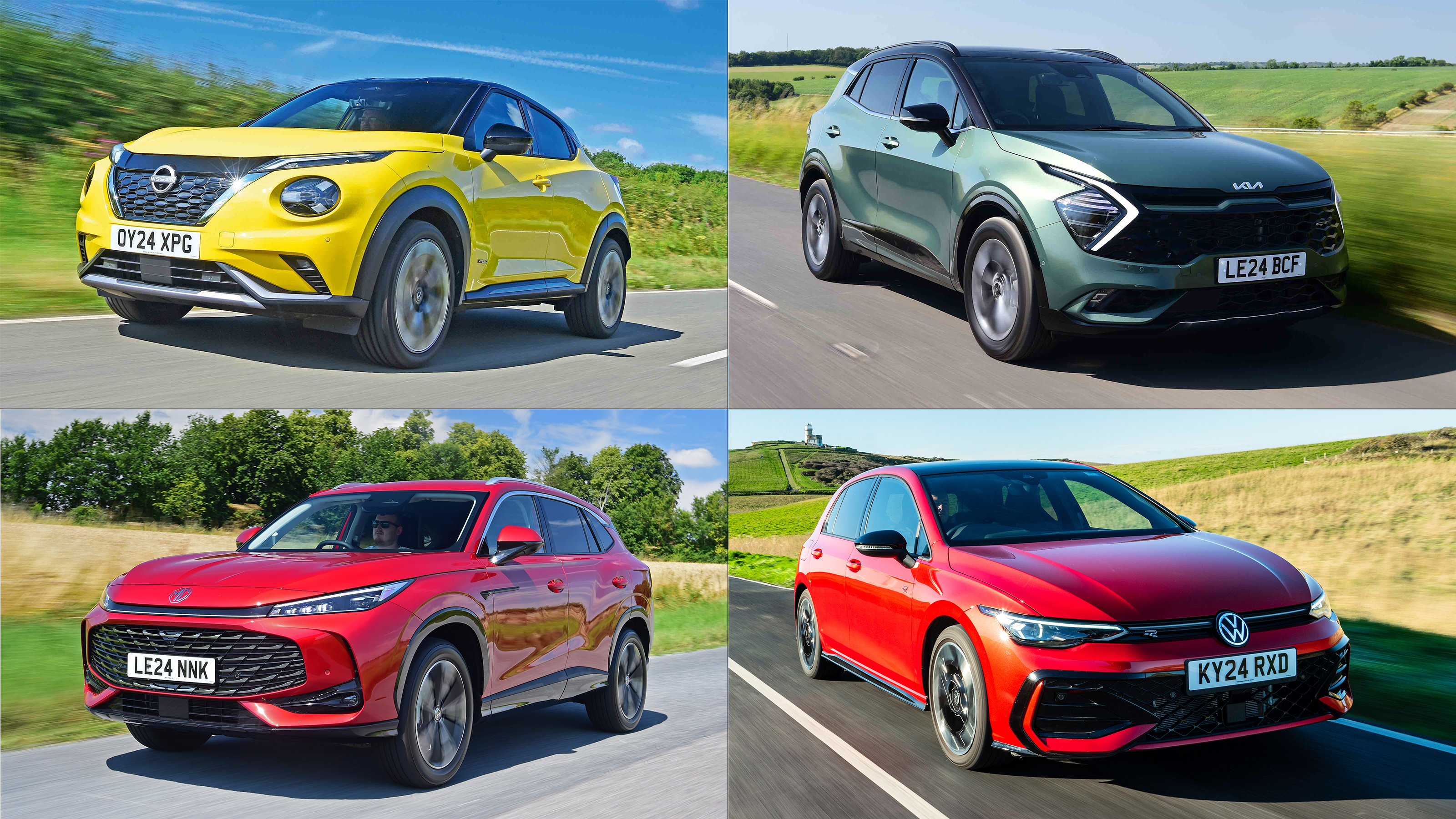 Four way image of Nissan Juke, MG HS, Kia Sportage and Volkswagen Golf