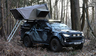 Isuzu D-Max Basecamp - pick-up parked with roof tent open, front