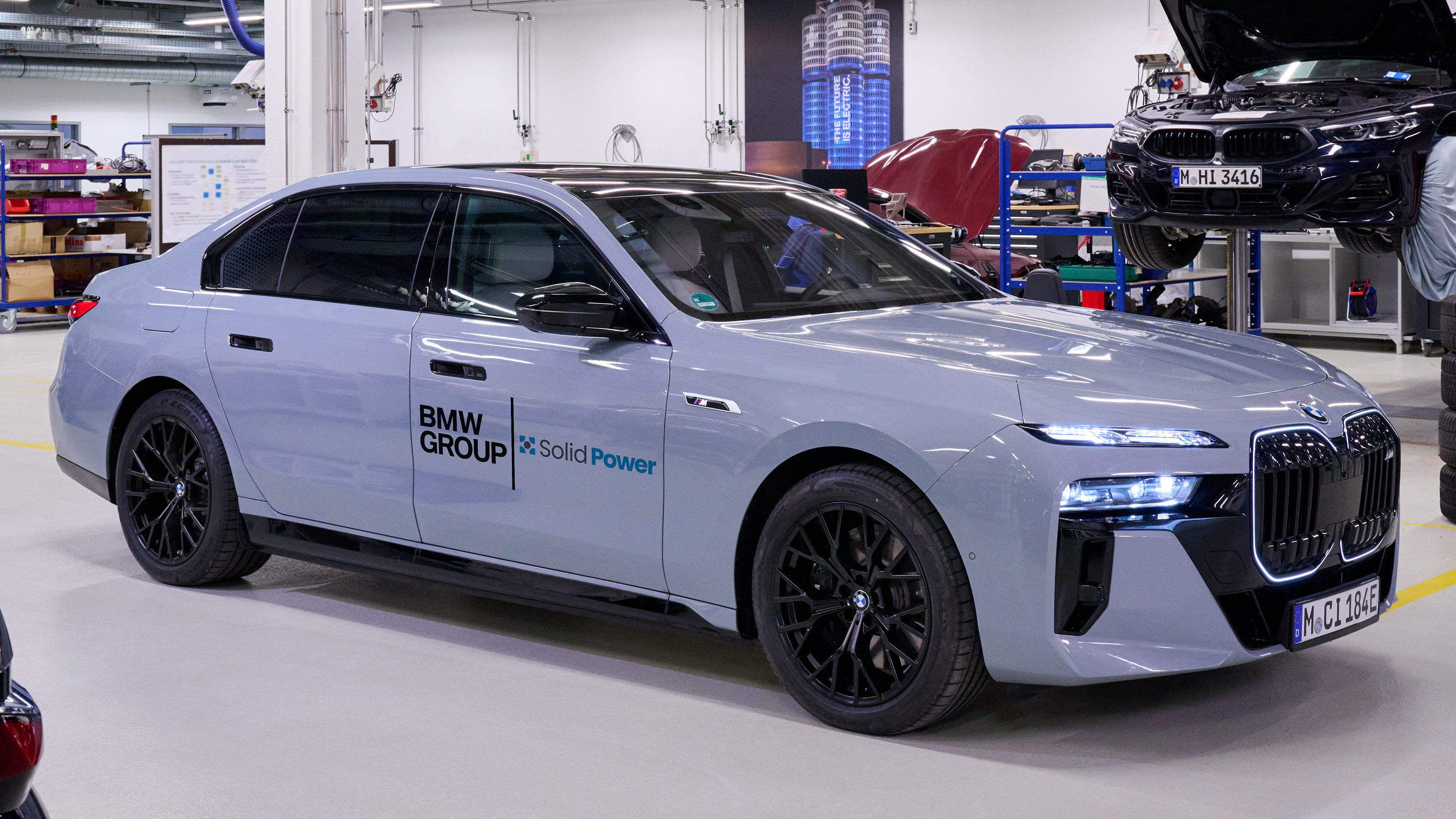 BMW i7 prototype with solid state battery - front angled in the workshop