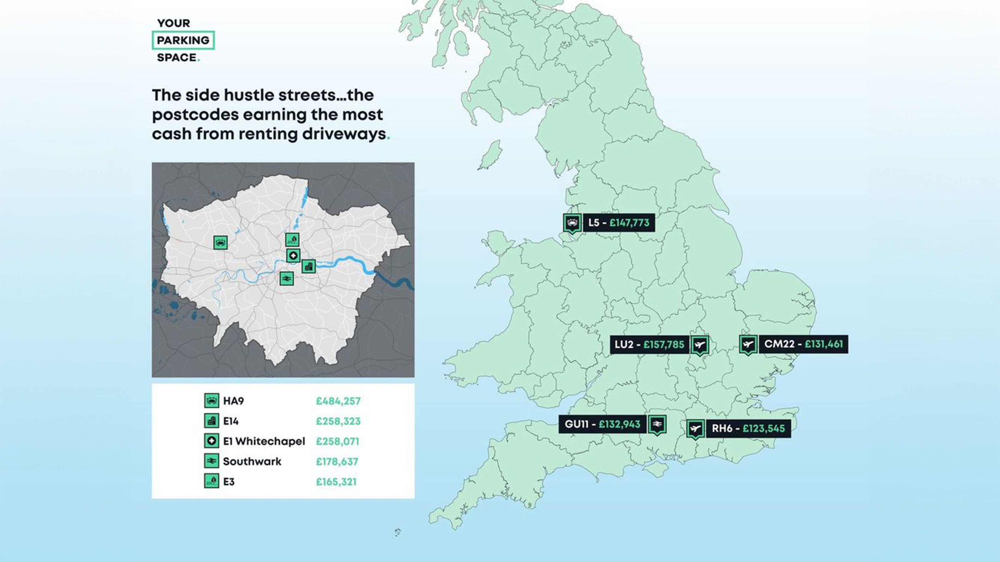 Map indicating the top earners for driveway rentals 