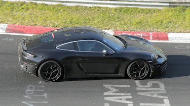 Porsche Cayman EV at Nurburgring (camouflaged) - side