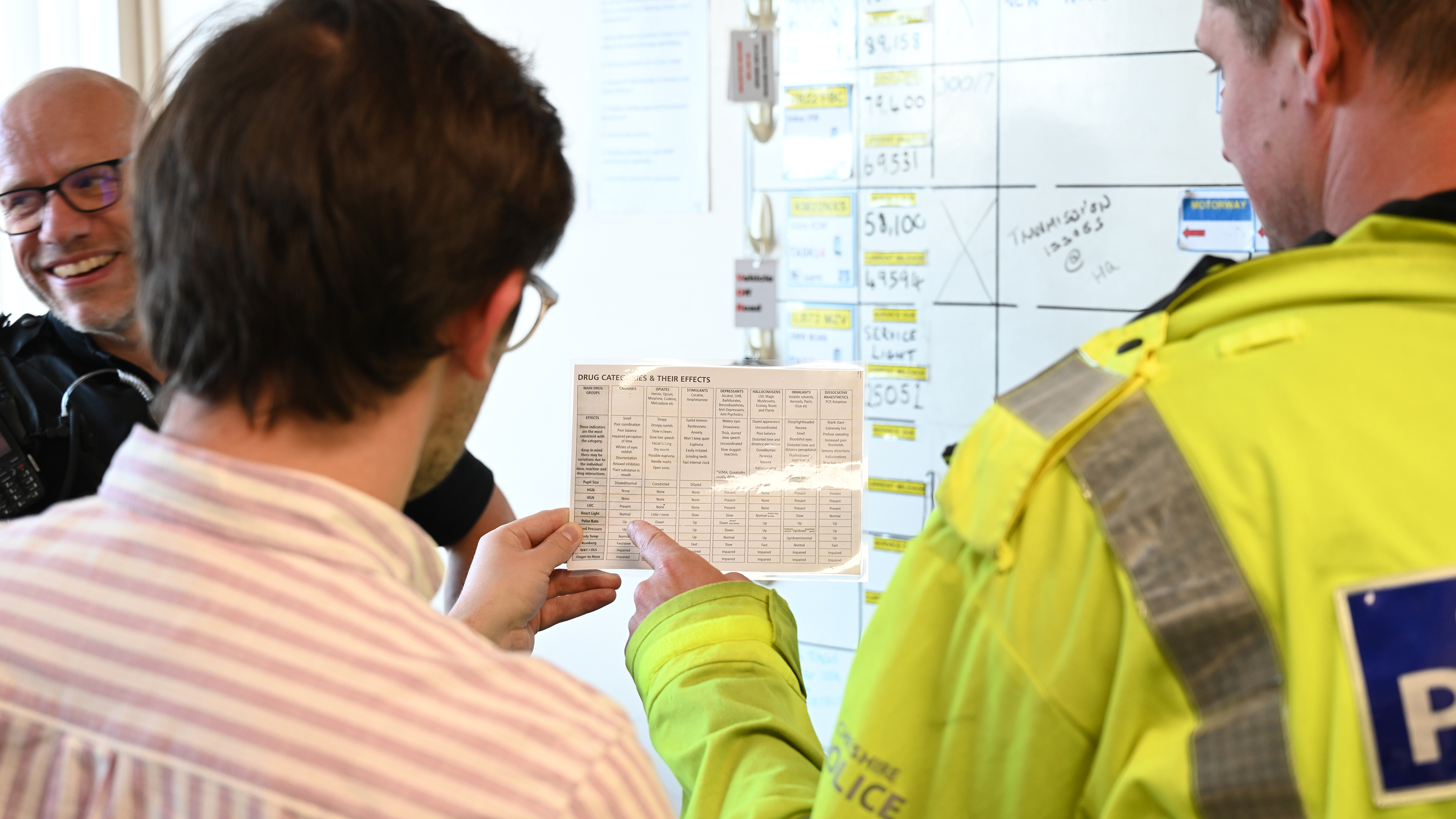 Auto Express consumer reporter Tom Jervis looking at a sheet of drug-related driving offences