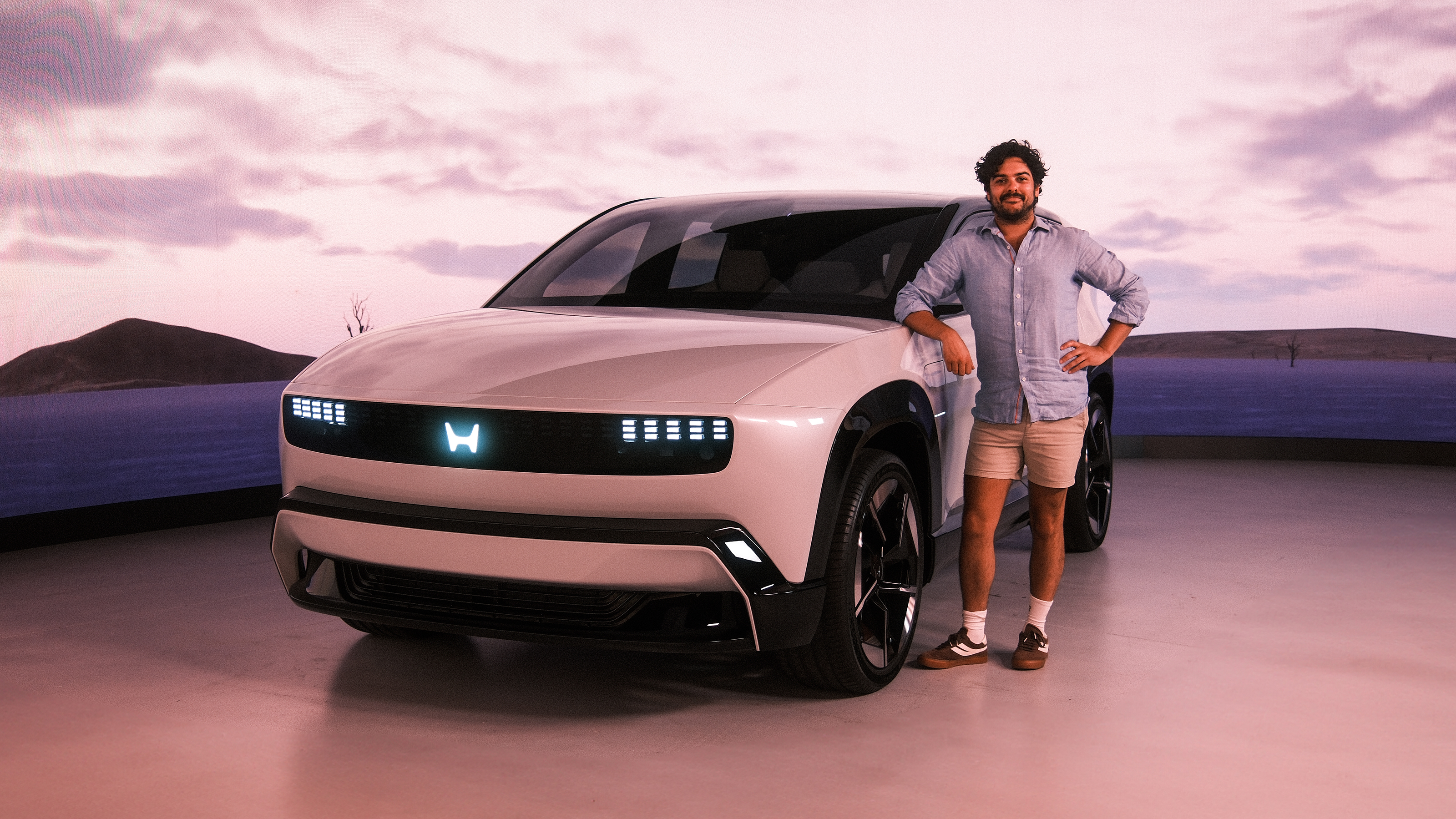 Auto Express senior staff writer Jordan Katsianis stood next to the Honda 0 SUV prototype