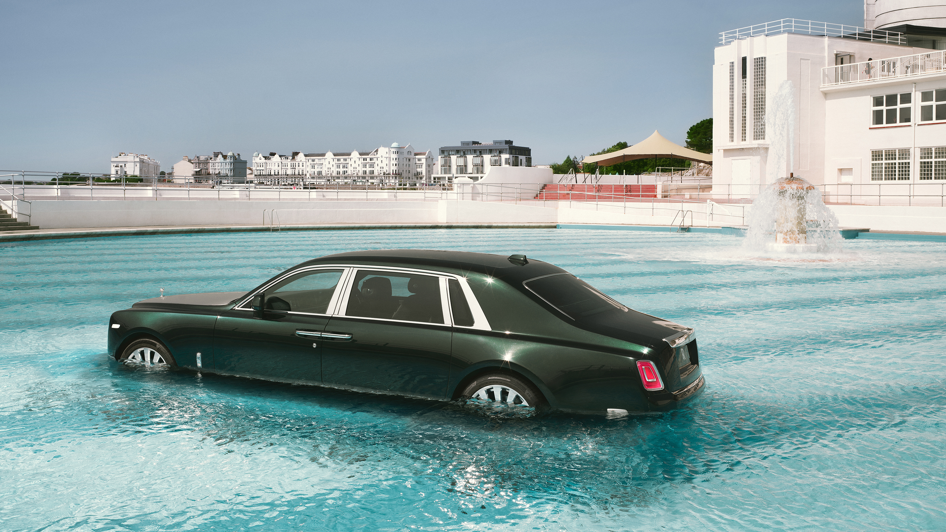 Rolls-Royce Phantom driven into a pool as part of the luxury saloon's 100th birthday celebrations - rear