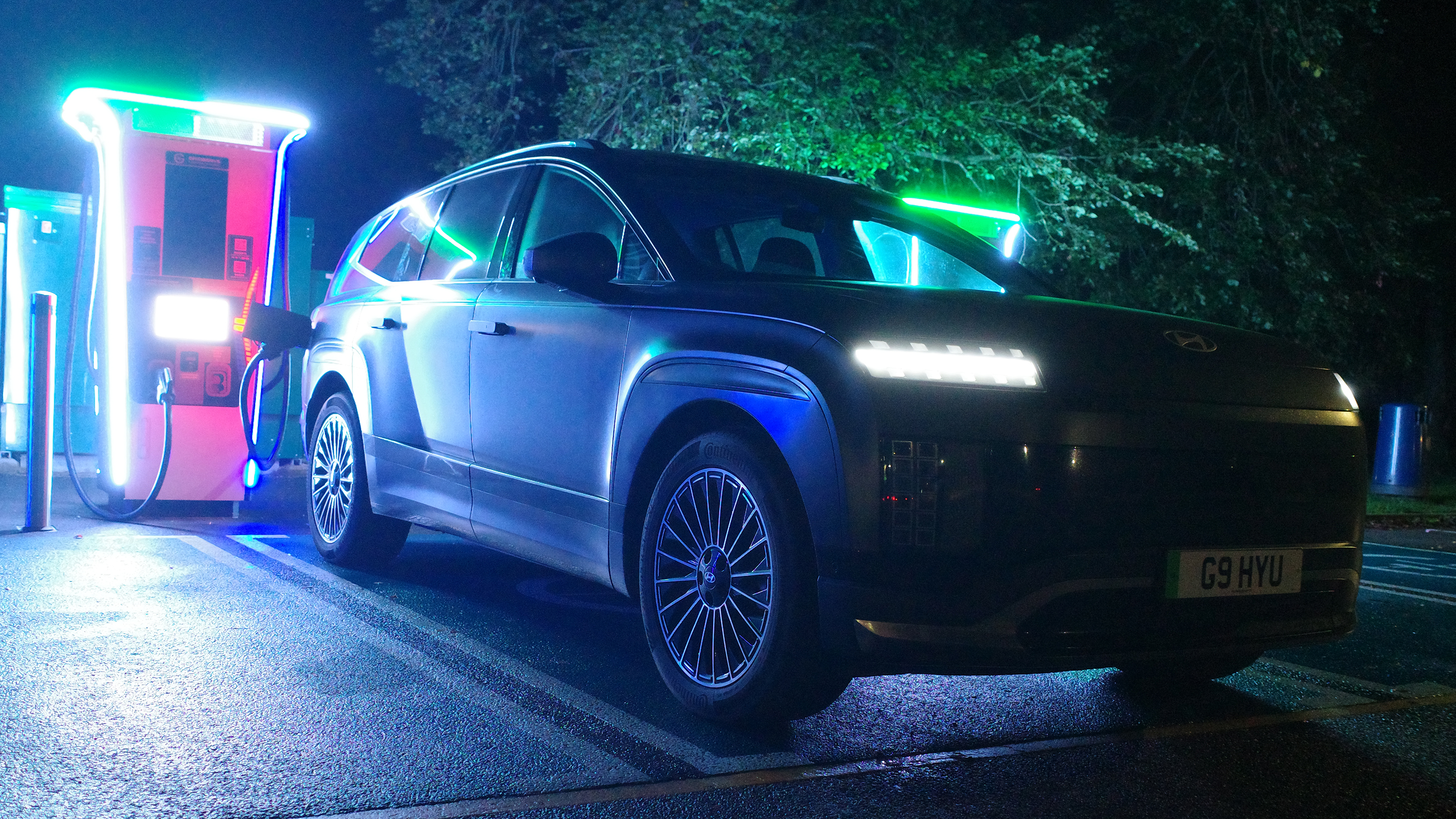 EV tow test - Hyundai charging in the dark