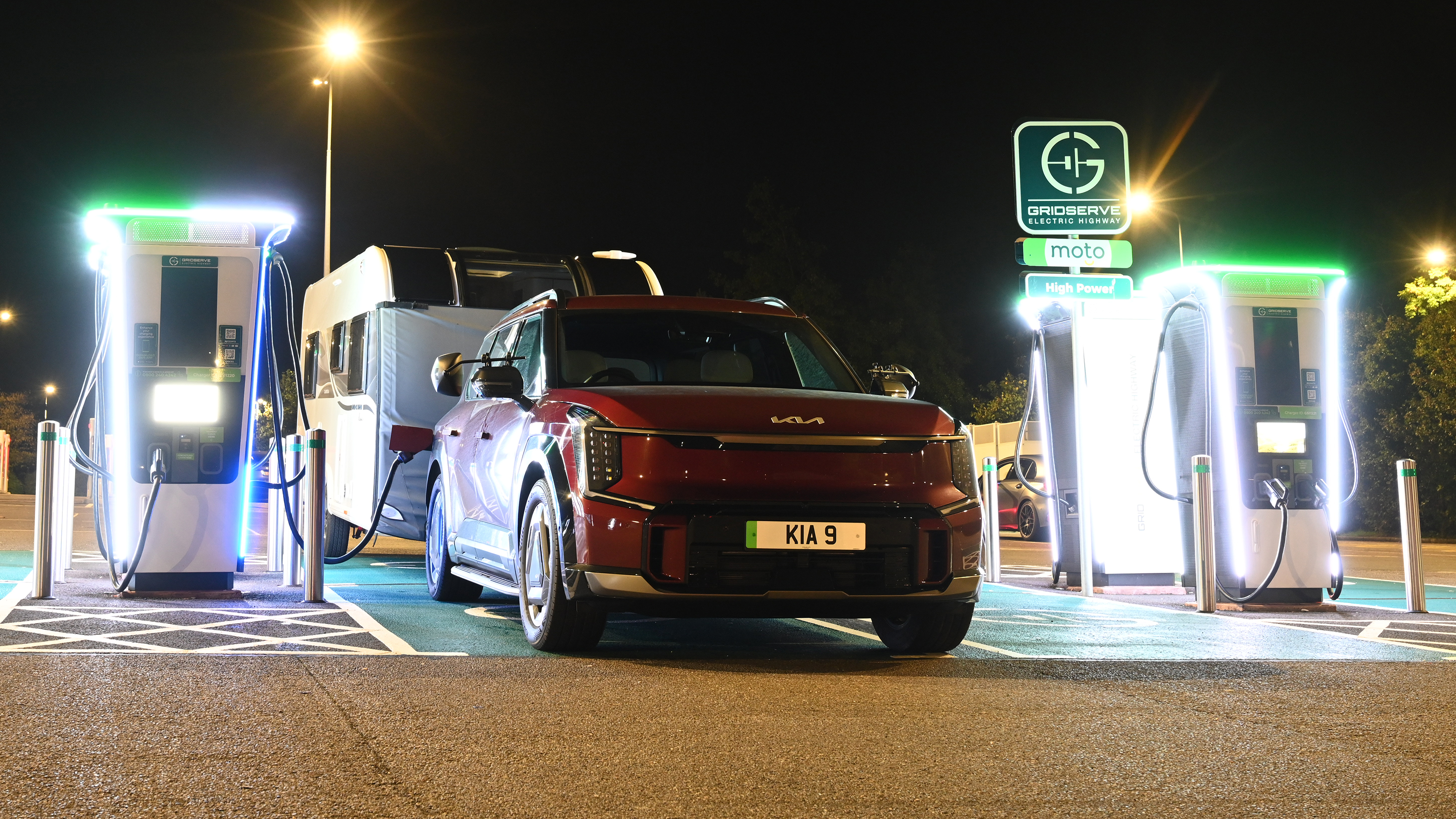 EV tow test - Kia charging in the dark