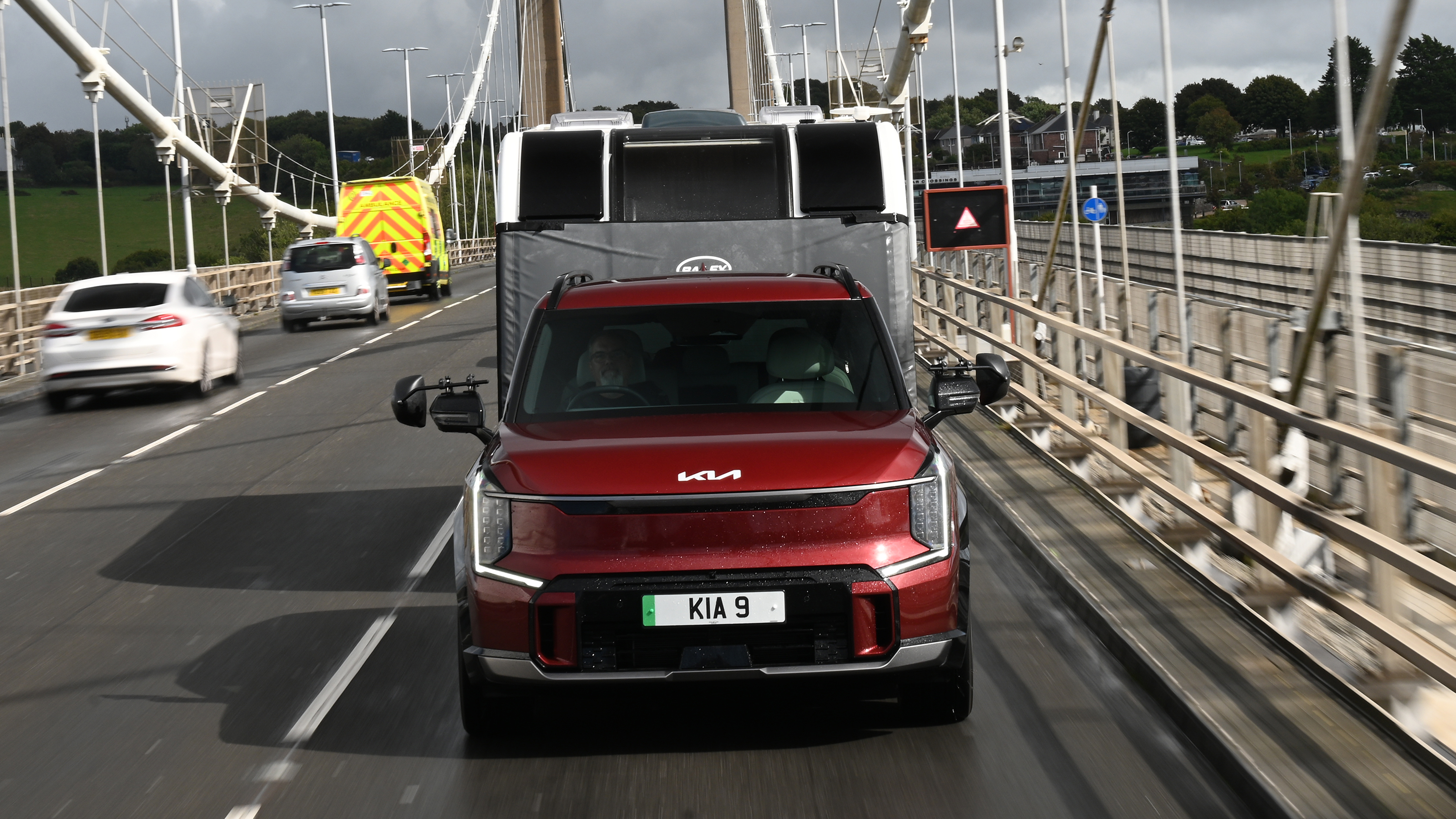 EV tow test - Kia front end on bridge