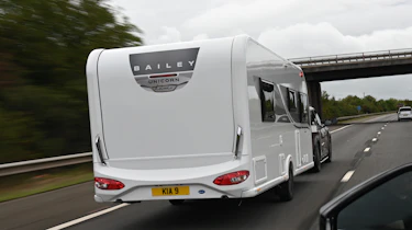 EV tow test - rear of caravan on motorway