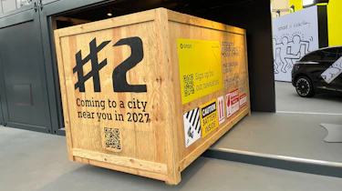 New Smart #2 teaser from Munich Motor Show 2025 - front, in a wooden crate