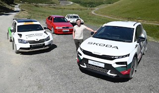 Auto Express consumer reporter Tom Jervis standing with a selection of Skoda vRS cars