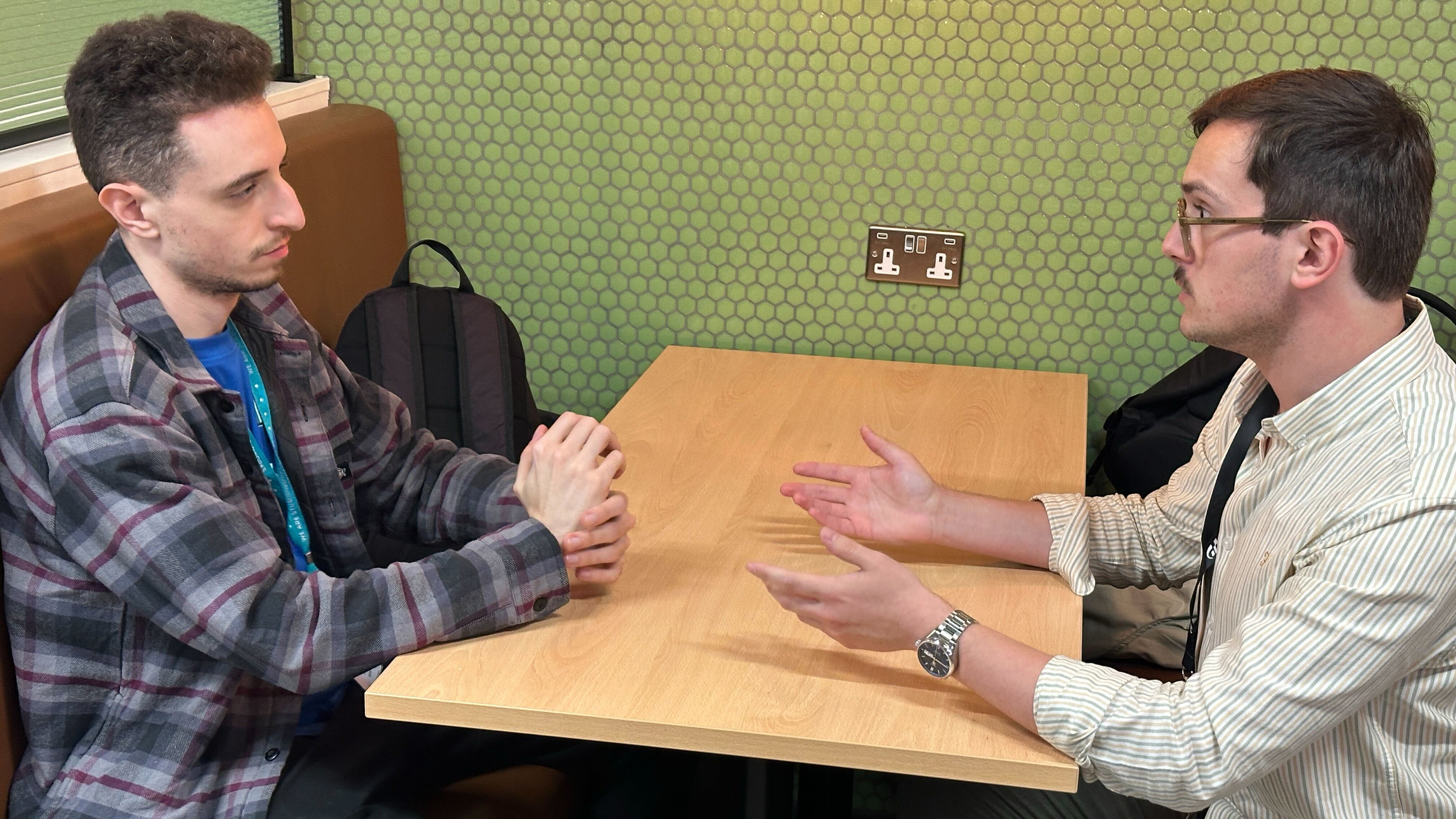 Auto Express consumer reporter Tom Jervis talking to e-sports champion Valerio Gallo