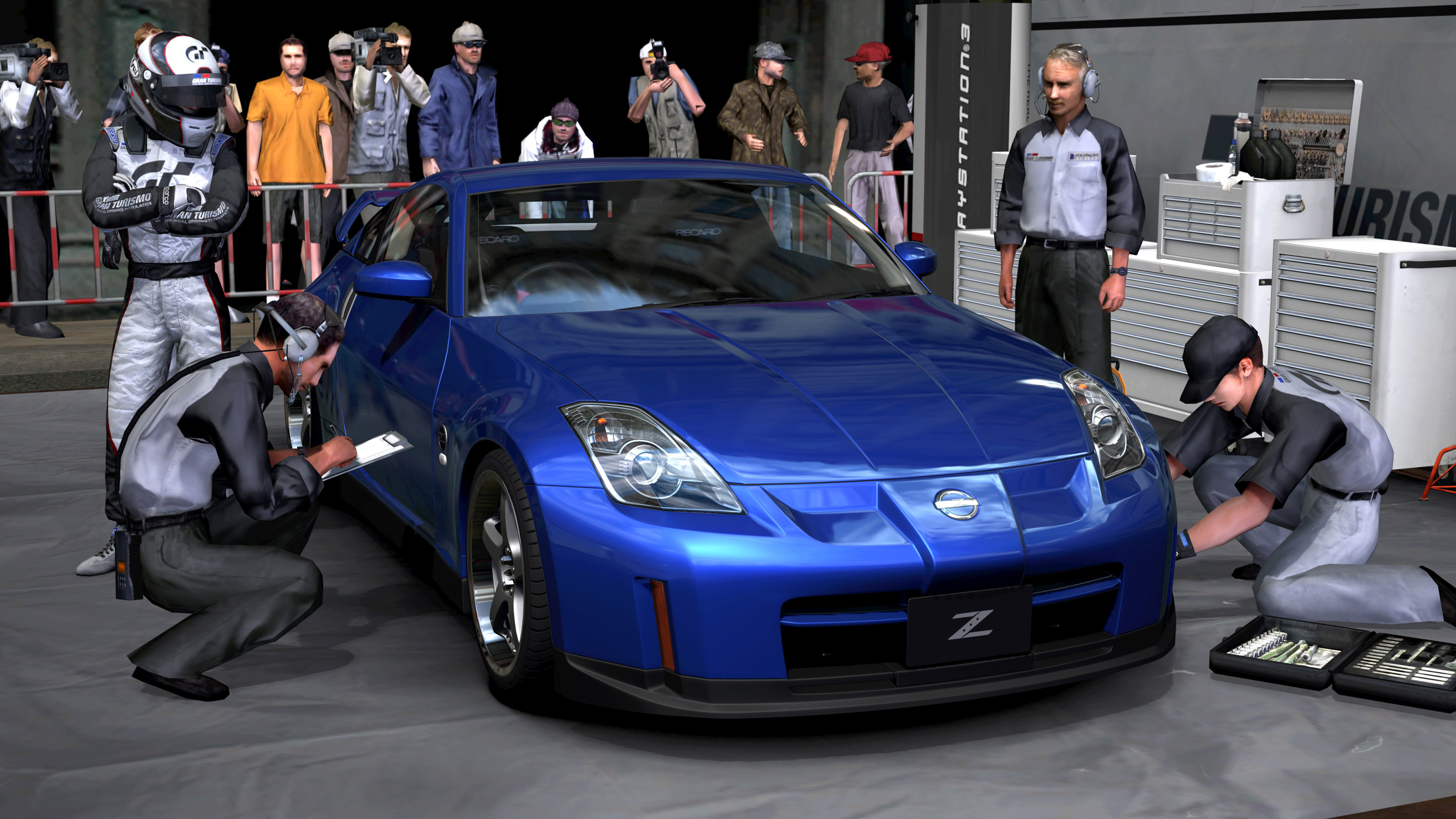 Virtual Nissan 350Z surrounded by pit crew in Gran Turismo game