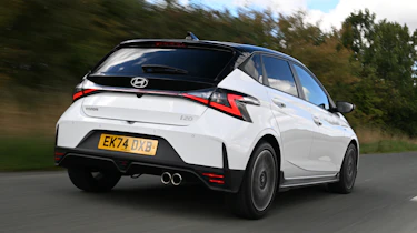 Hyundai i20 being driven in the UK - rear tracking