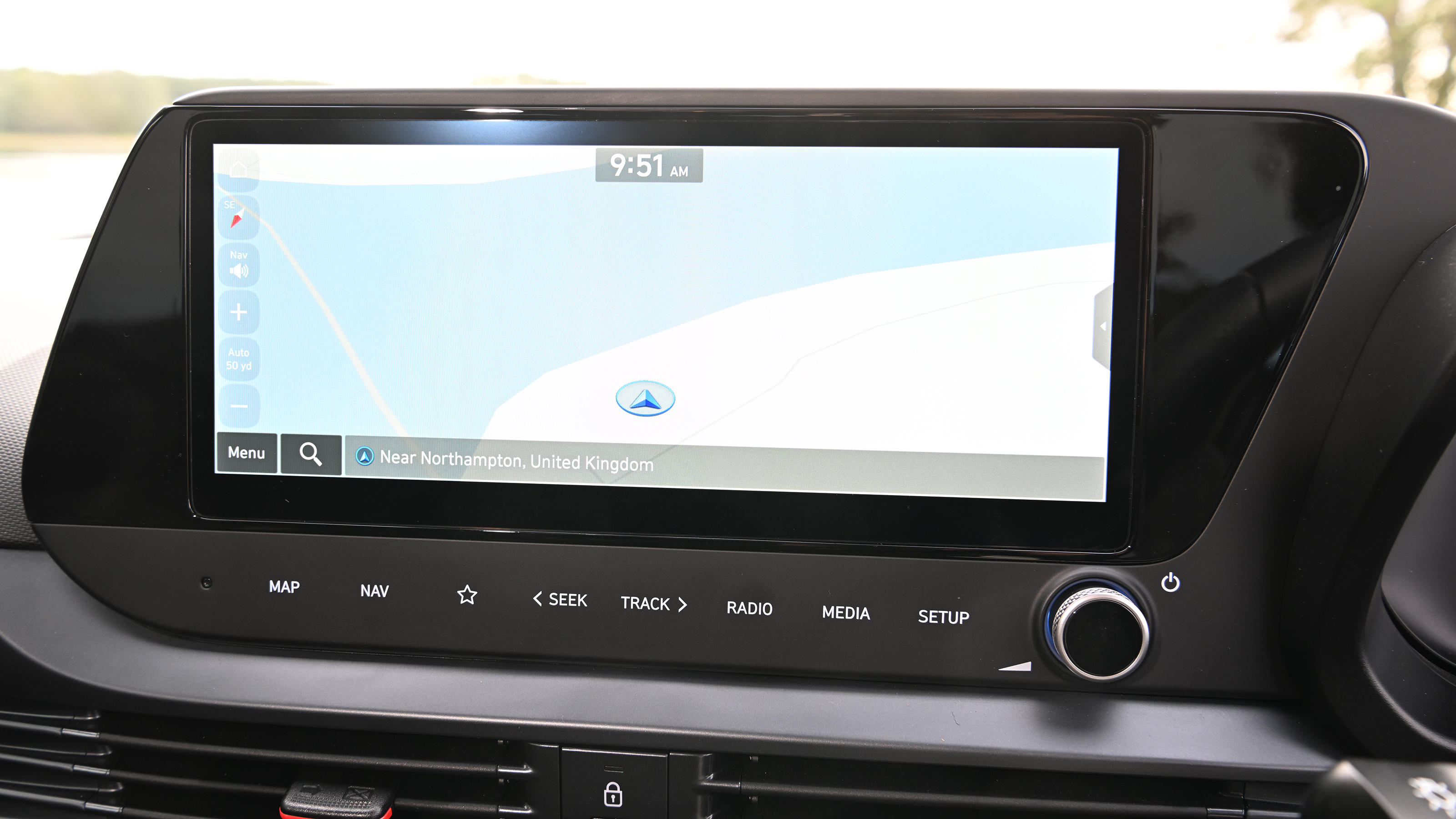 Hyundai i20 being driven in the UK - infotainment screen 