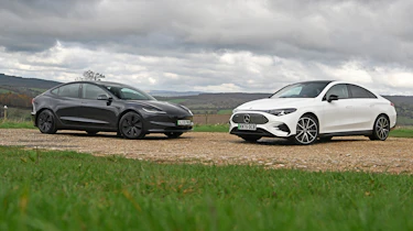 Mercedes CLA and Tesla Model 3 - front static