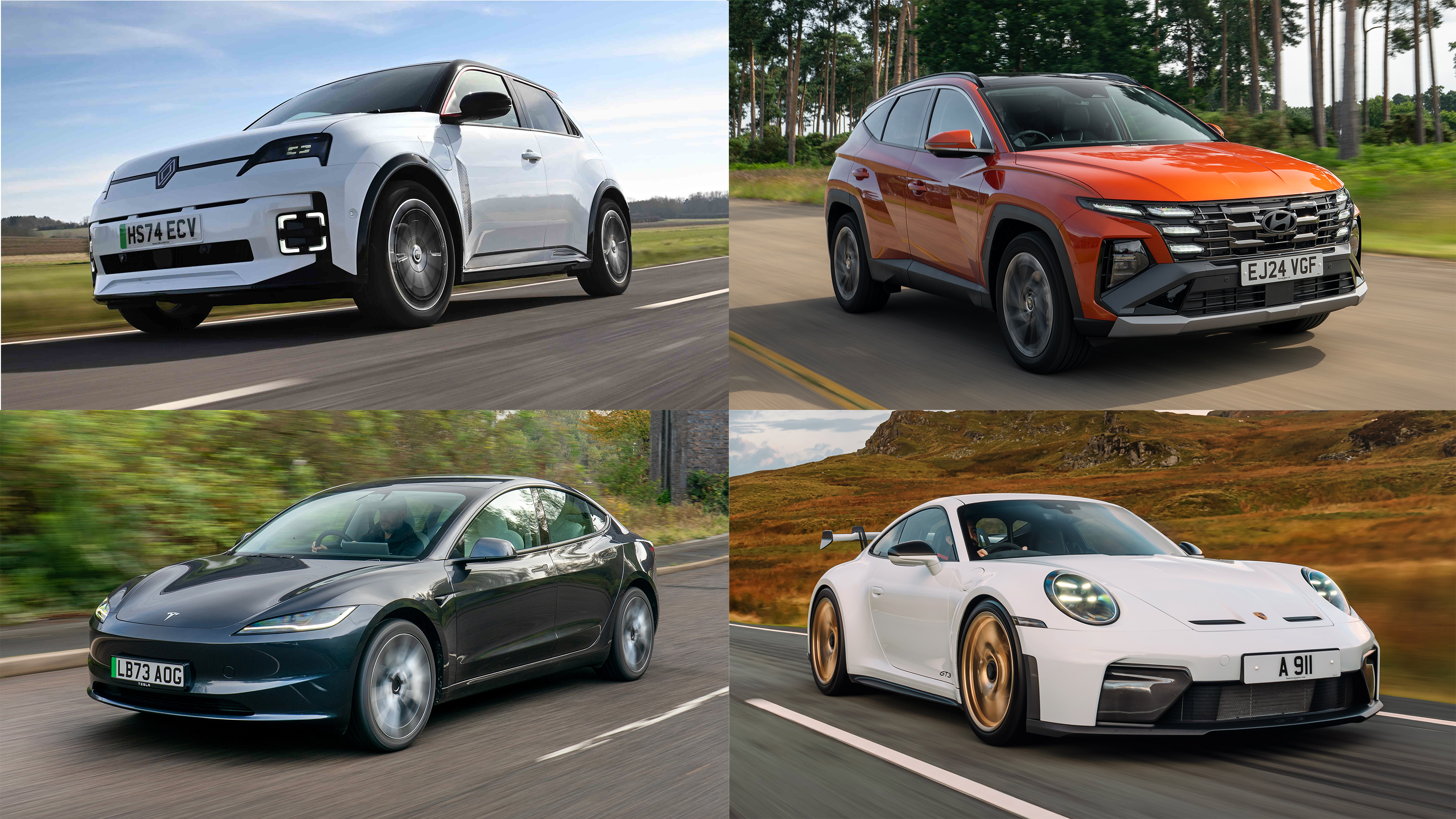 Renault 5, Tesla Model 3, Hyundai Santa Fe and Porsche 911 GT3