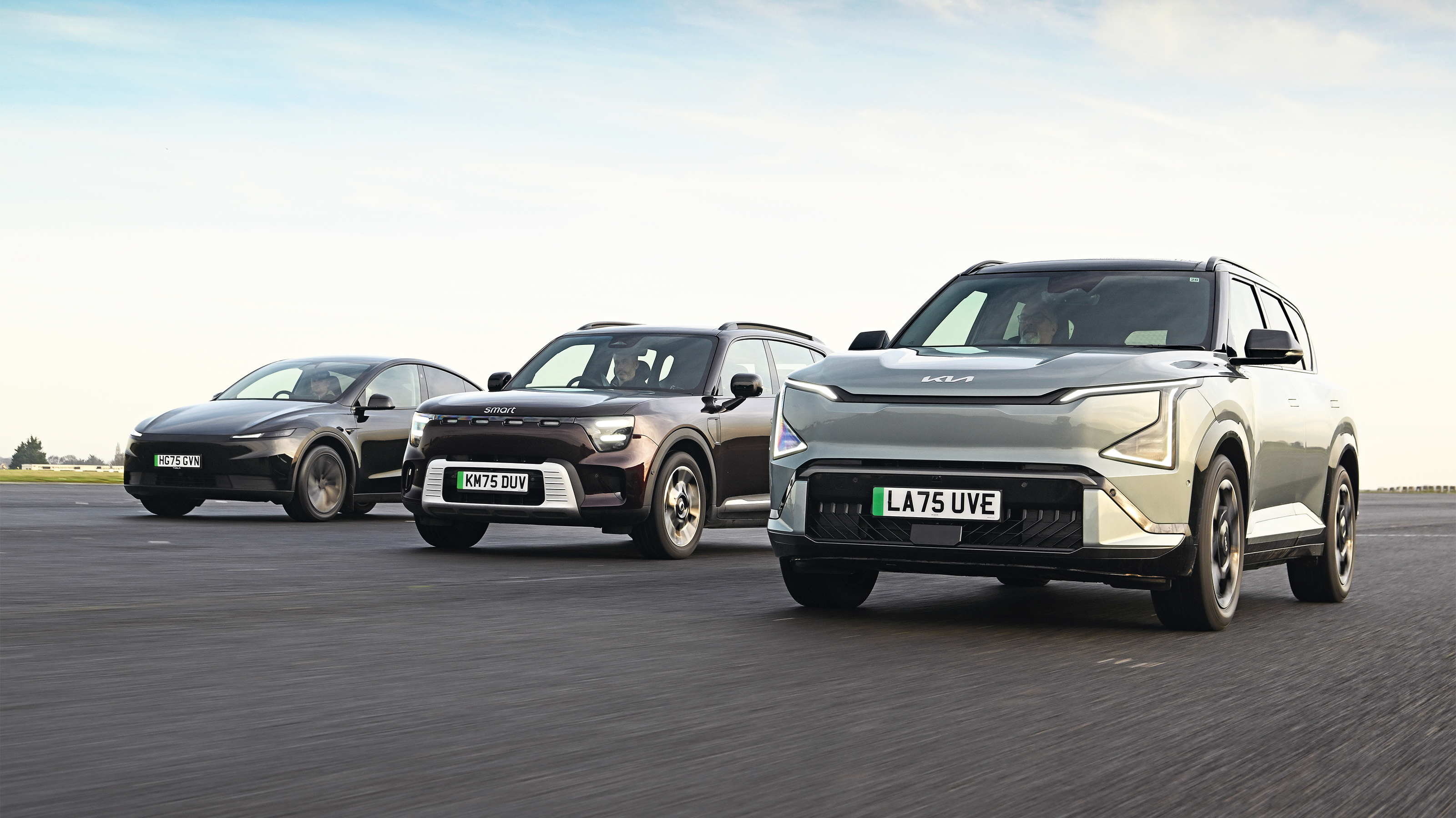 Tesla Model Y, Kia EV5, and Smart #5 - front tracking