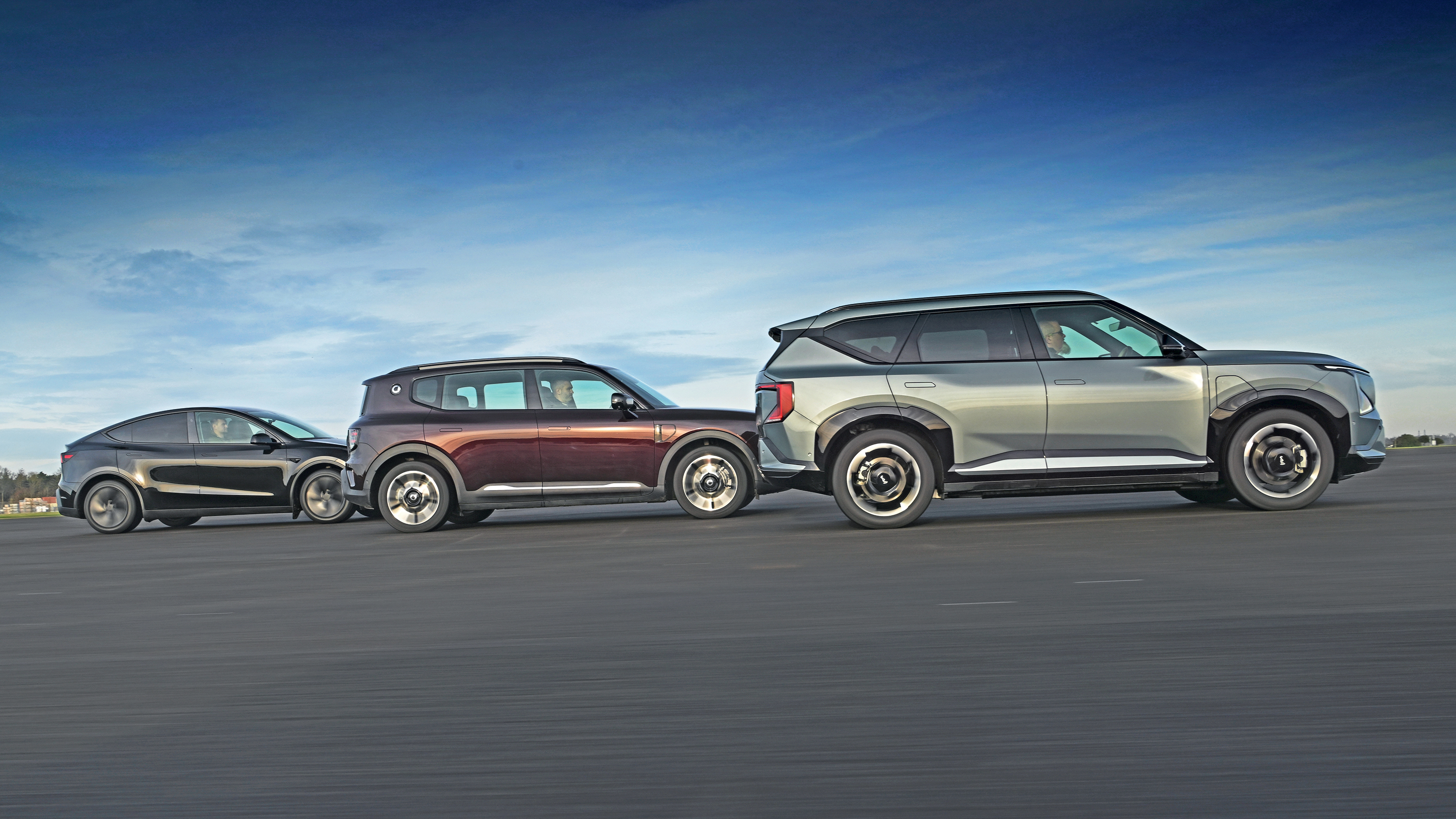 Tesla Model Y, Kia EV5, and Smart #5 - side profile