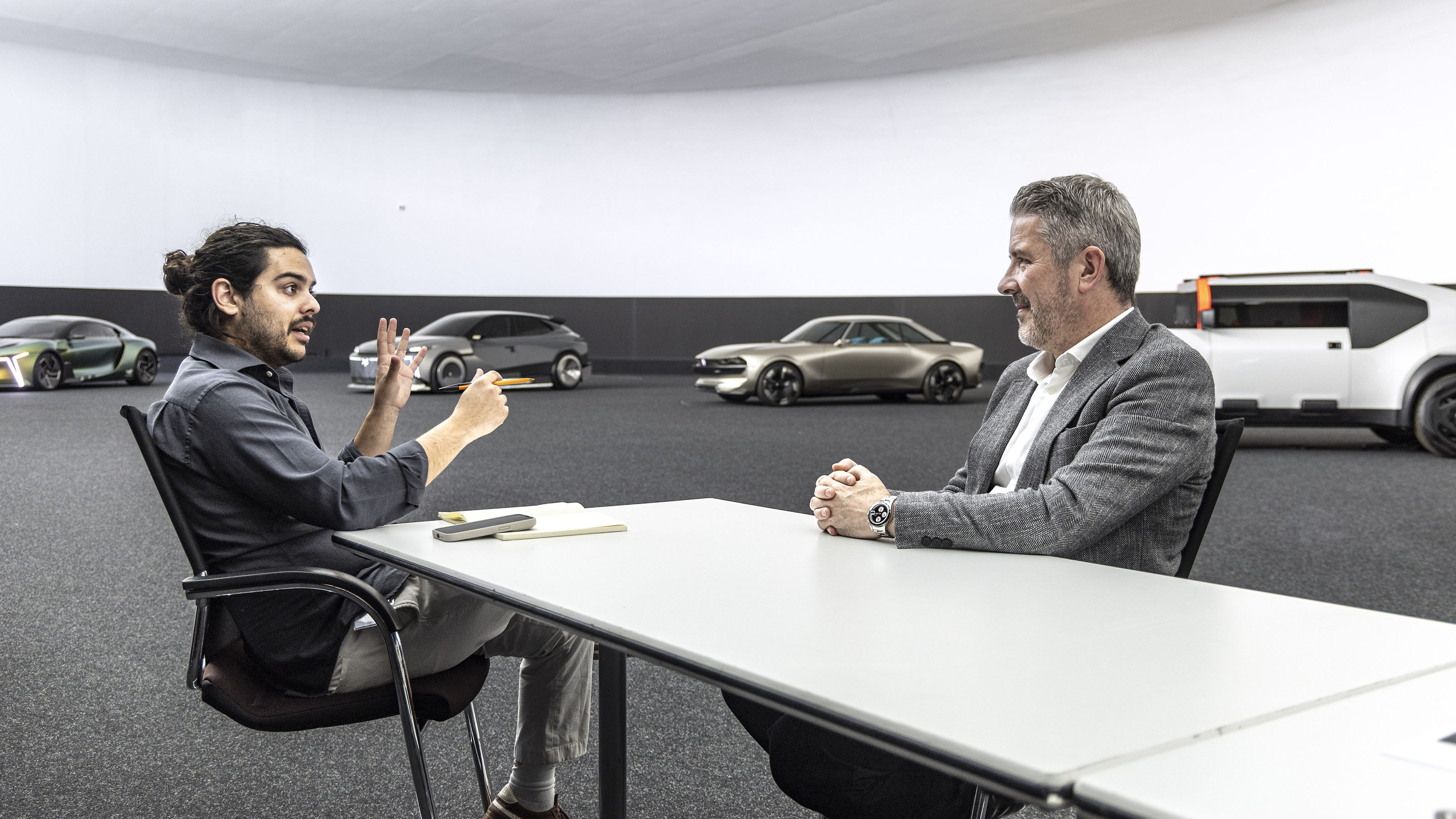 Gilles Vidal being interviewed by Auto Express news editor Jordan Katsianis