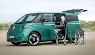 VW ID. Buzz with the Good-Night package - front 3/4 open with furniture