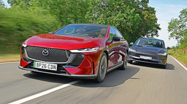 Tesla Model 3 vs Mazda 6e - front 3/4