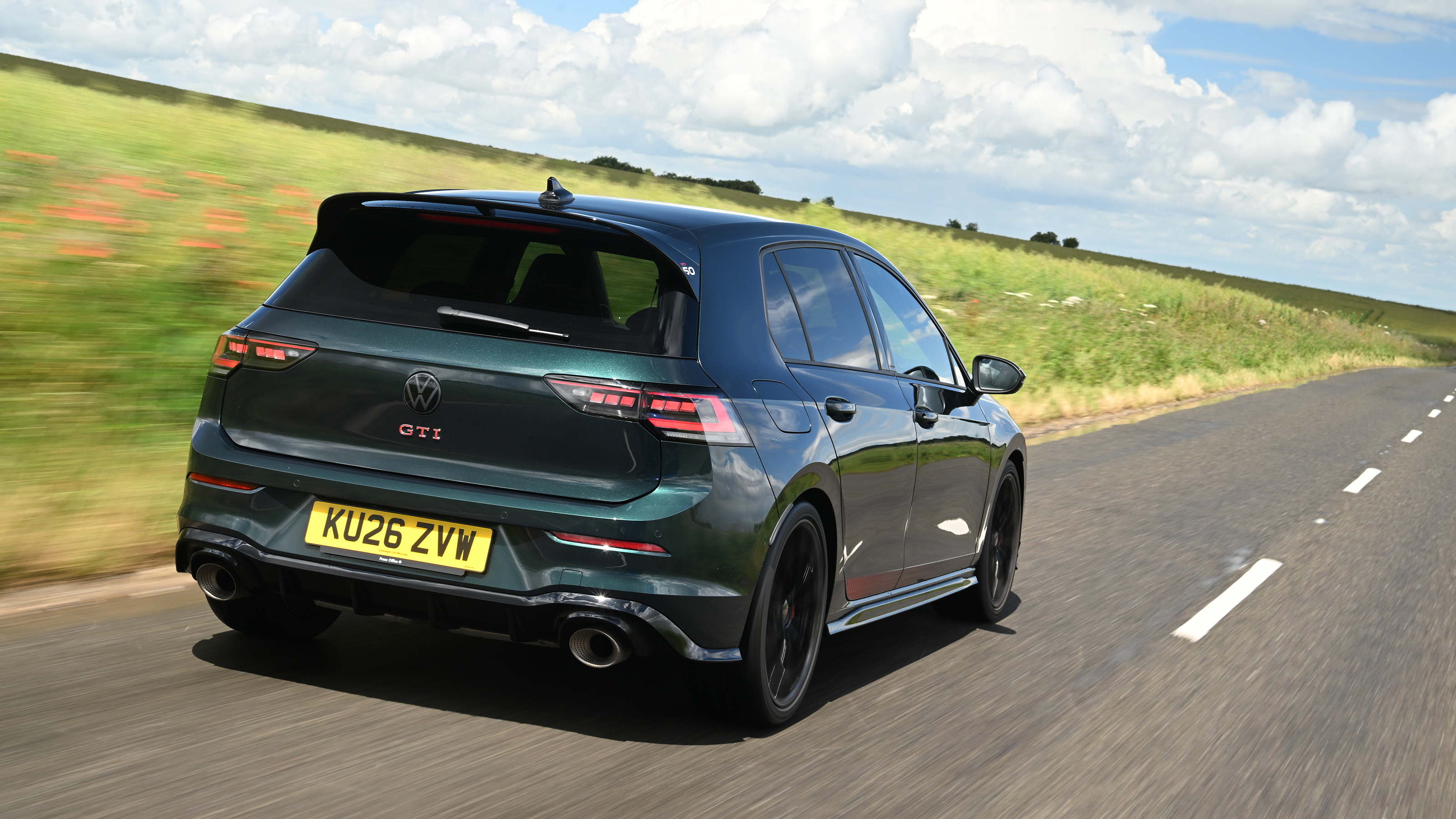 Volkswagen Golf GTI Edition 50 being driven in the UK - rear tracking 