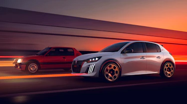 New Peugeot E-208 GTi and 205 GTi - front action