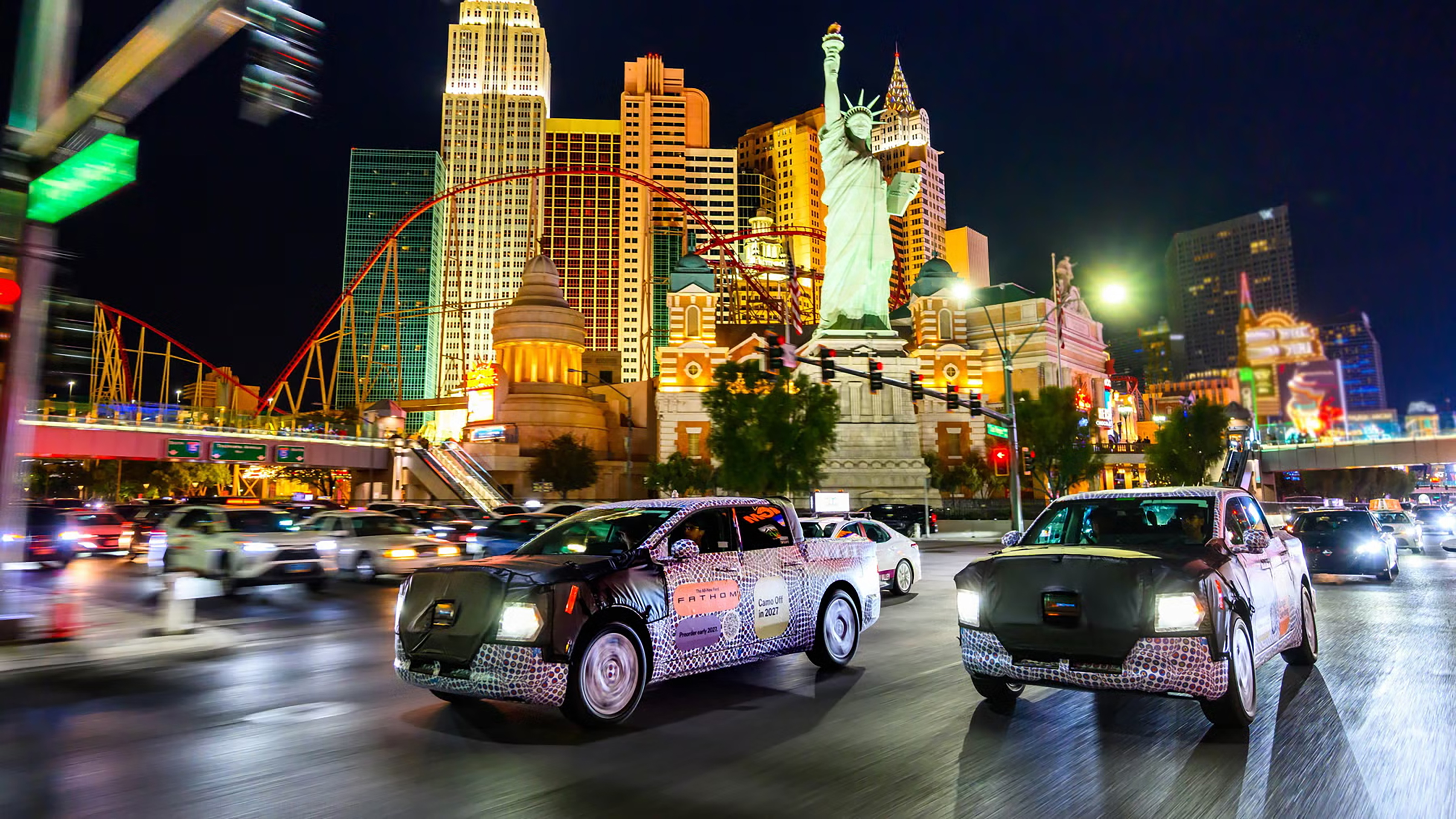Ford Fathom prototype driving past the New York New York casino