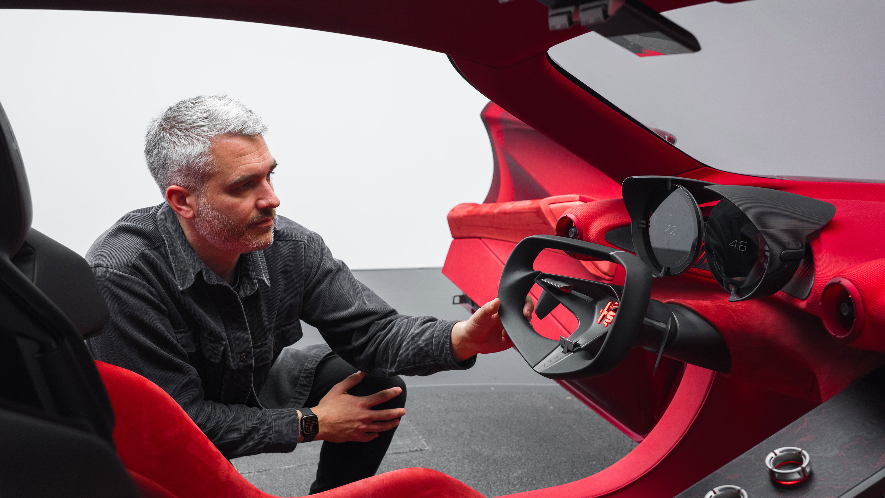 Richard Ingram and the interior of the Alfa Romeo Cuorerosso