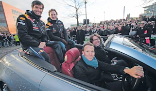 Red Bull Racing victory parade with Mark Webber and Christian Horner