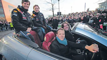 Red Bull Racing victory parade with Mark Webber and Christian Horner