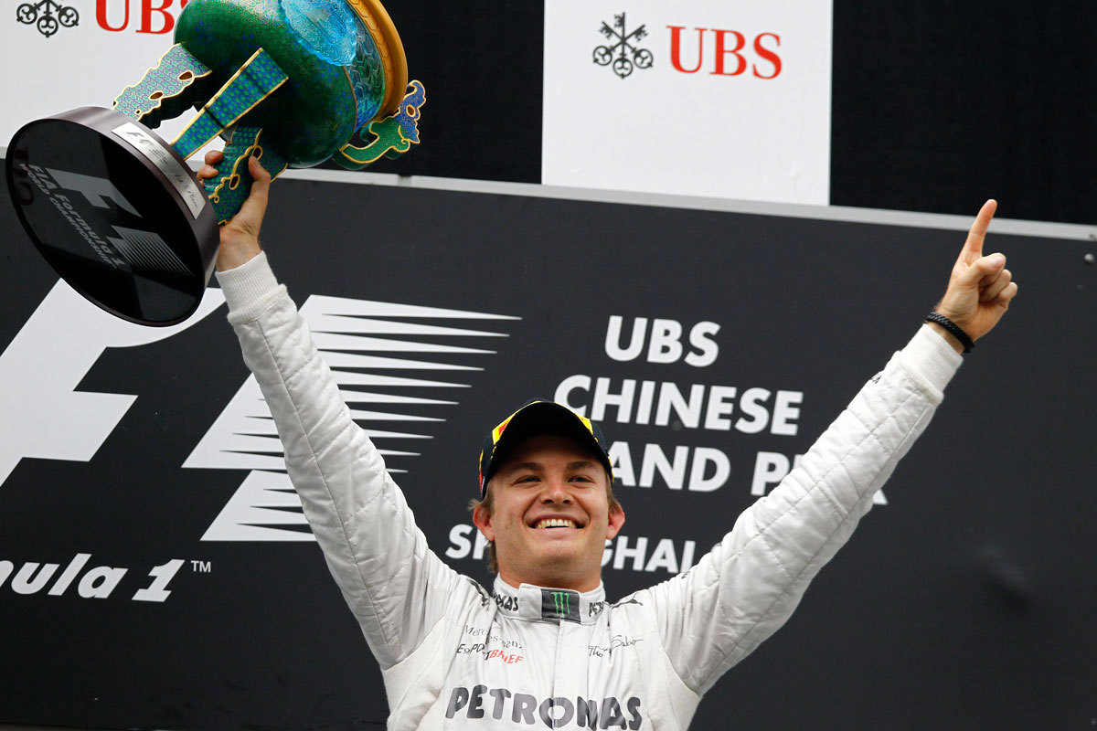 Nico Rosberg celebrates on the podium