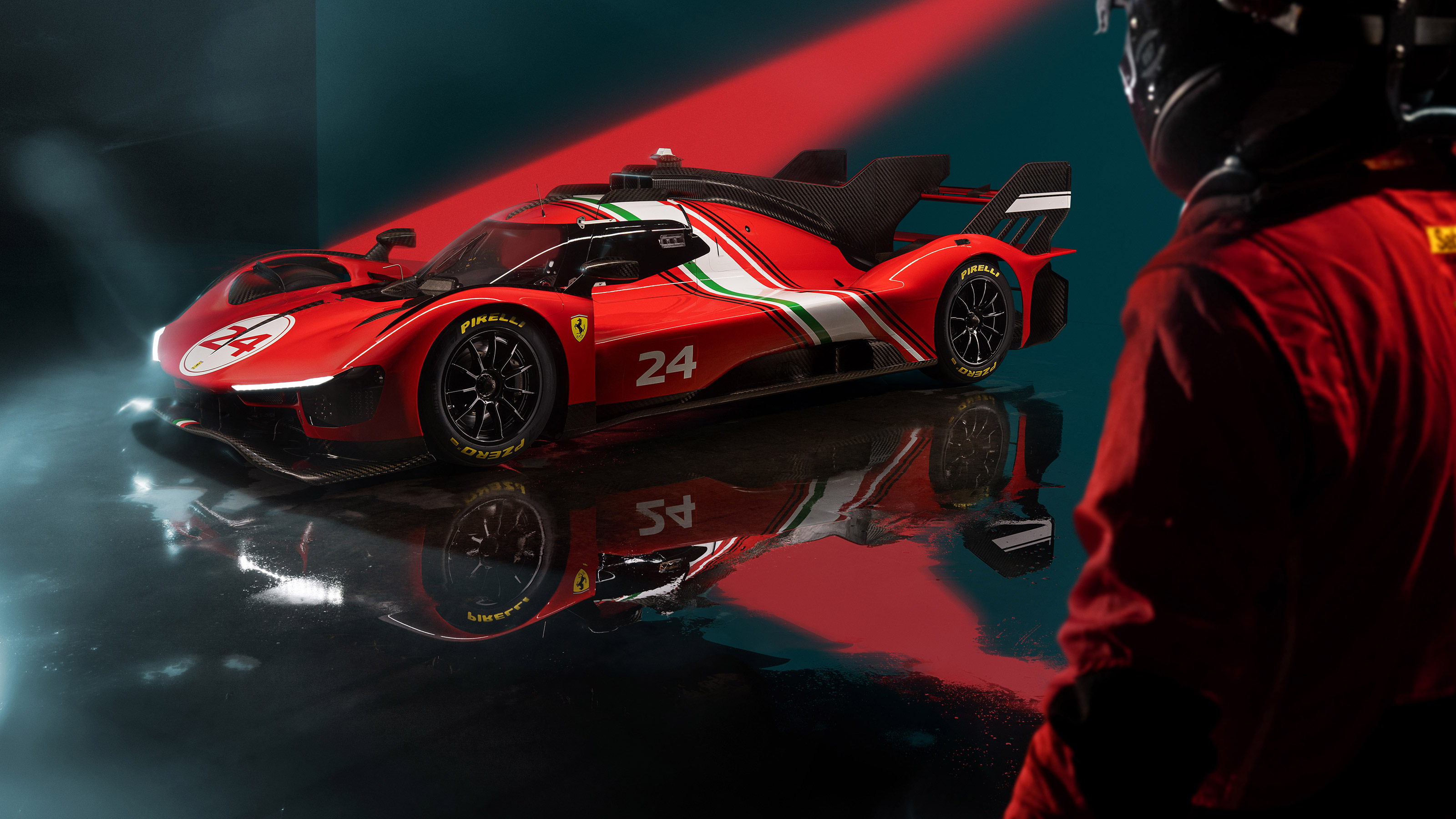Racing driver looking at the Ferrari 499P Modificata